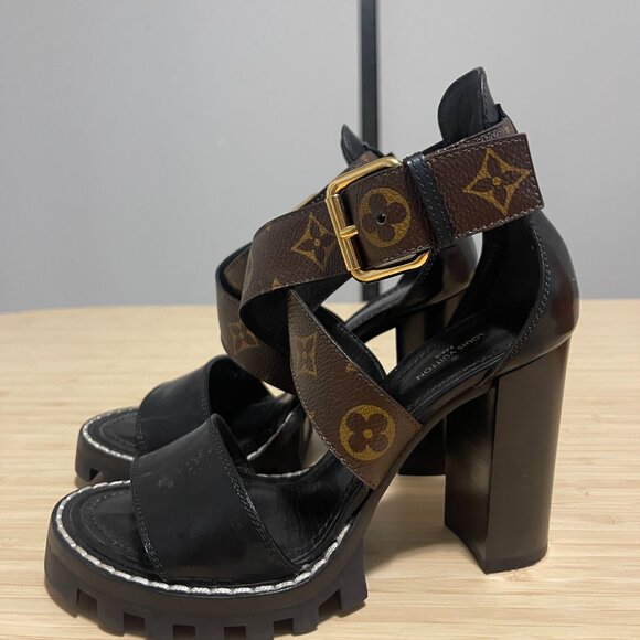 Louis Vuitton Black & Monogram Canvas Heels Star Trail Sandals Size 36 - Picture 6 of 10